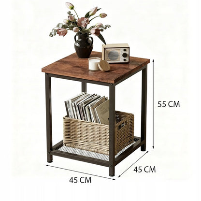 Négyszögletes oldalsó asztal polccal, retro vintage loft stílusban, 55 cm