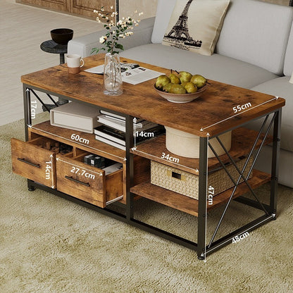 Loft Dohányzóasztal 2 Fiókkal és Polcokkal Rusztikus Tölgy Fekete Fémvázzal 100x55x47 cm