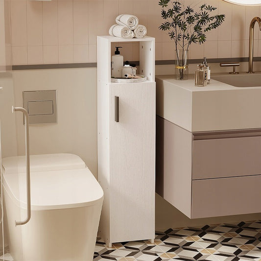 Fürdőszoba szekrény, keskeny fehér ajtó, magas polcok, modern, 101 cm