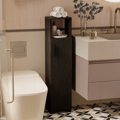 Keskeny fekete fürdőszoba szekrény magas ajtókkal és modern polcokkal, 101 cm