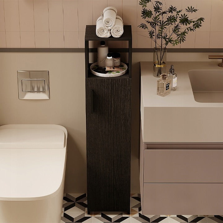 Keskeny fekete fürdőszoba szekrény magas ajtókkal és modern polcokkal, 101 cm