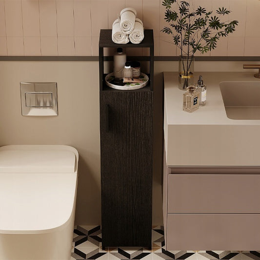 Keskeny fekete fürdőszoba szekrény magas ajtókkal és modern polcokkal, 101 cm