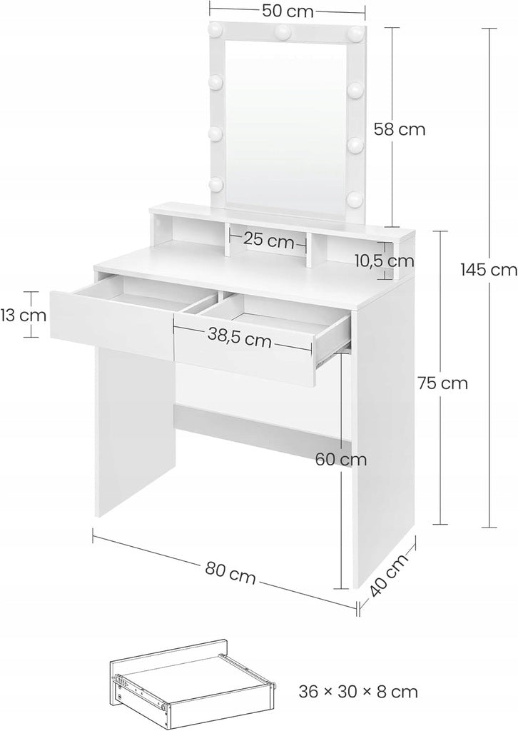 Sminktükörrel ellátott kozmetikai asztal LED világítással 80 cm – modern loft stílusú fésülködőasztal