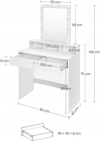 Sminktükörrel ellátott kozmetikai asztal LED világítással 80 cm – modern loft stílusú fésülködőasztal