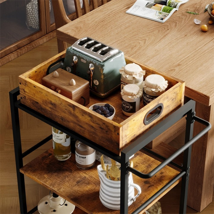 Konyhai Kocsi Kerekeken Barna 86 cm – Levehető Vintage Loft Tálcával