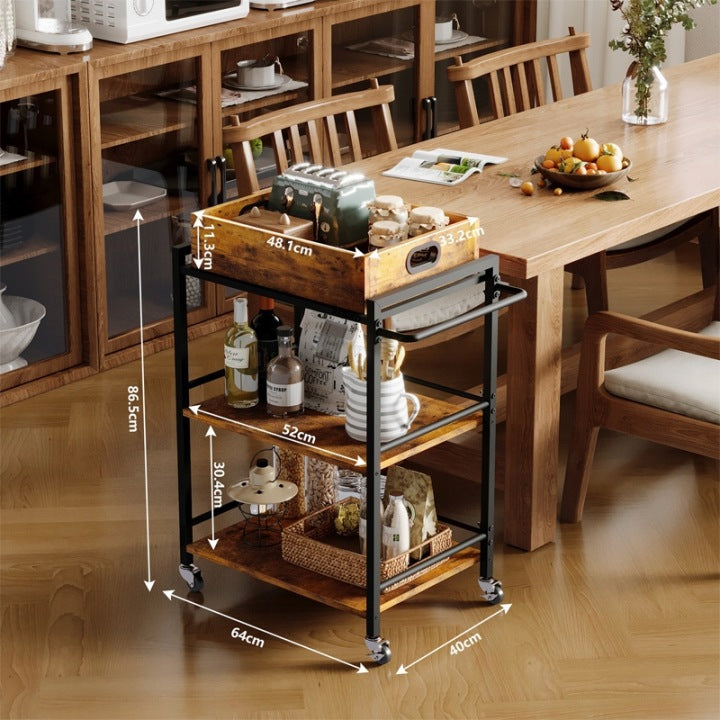 Konyhai Kocsi Kerekeken Barna 86 cm – Levehető Vintage Loft Tálcával