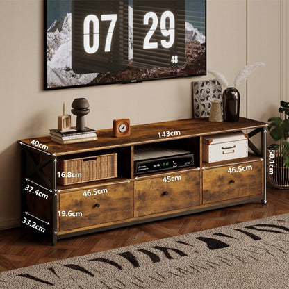 Vintage Loft TV állvány 3 fiókkal, rusztikus barna, 143 cm