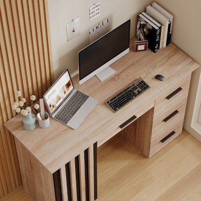 Modern, loft stílusú számítógépasztal lécekkel és polccal