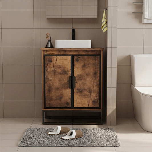 Fürdőszobai mosdószekrény tetőtéri ajtókkal, rusztikus barna, és polccal, 82 cm