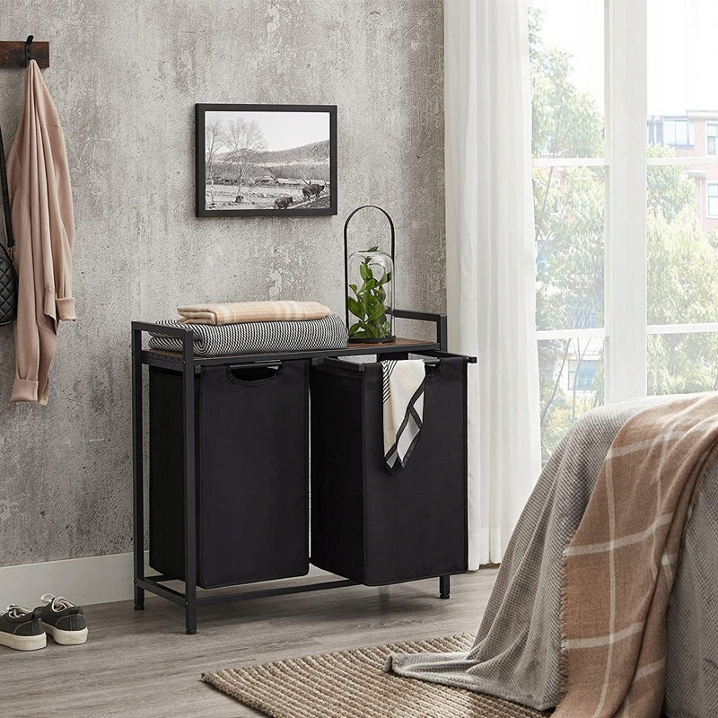 Nagy, két rekeszes mosókosár polccal, ipari loft konténer állvány