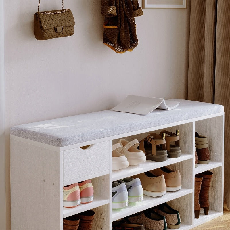 Cipősszekrény ülőkével, fehér loft pad, modern előszoba