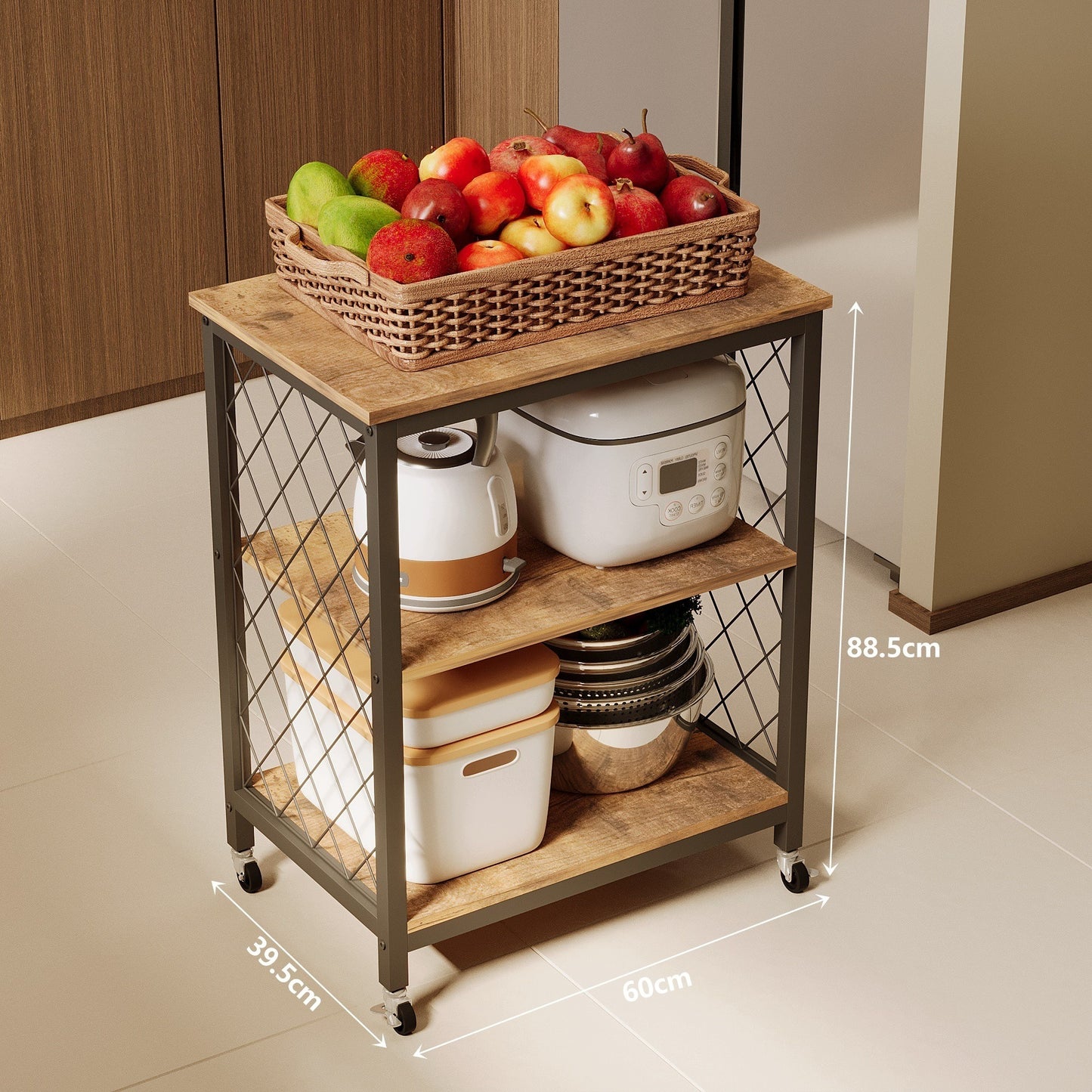 Sötétbarna, kerekes, mobil szekrény – loft stílusú reggelizőasztal / konyhai szekrény, 60 cm