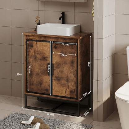 Fürdőszobai mosdószekrény tetőtéri ajtókkal, rusztikus barna, és polccal, 82 cm