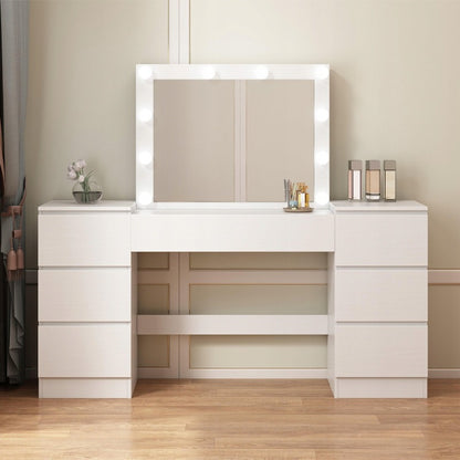 Fehér öltözőasztal tükörrel és fiókokkal, csillogó sminkhez, modern loft stílusban.