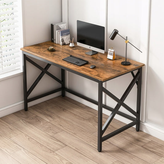 Ipari számítógépes íróasztal, rusztikus barna asztal, fém váz, loft stílus