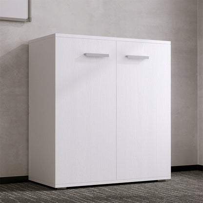 Fehér fiókos komód irodába/nappaliba, polcos elem 2 ajtóval és 3 polccal, loft stílusú, 68 cm