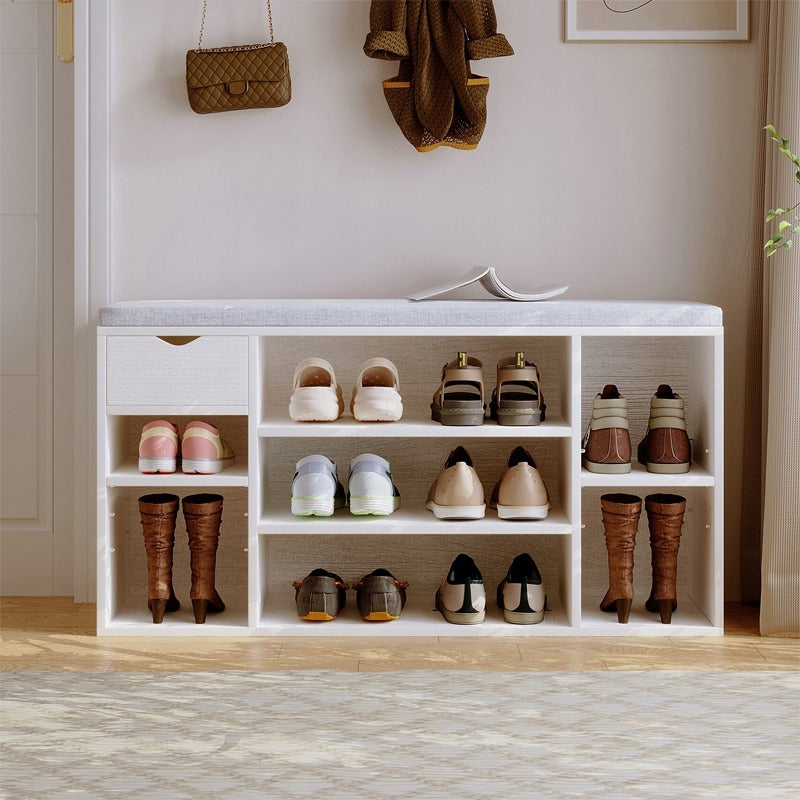 Cipősszekrény ülőkével, fehér loft pad, modern előszoba