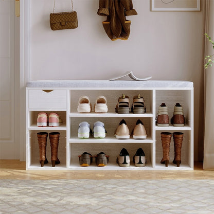 Cipősszekrény ülőkével, fehér loft pad, modern előszoba