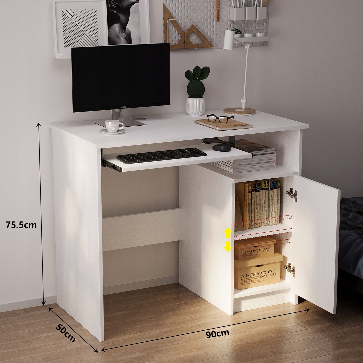 Modern számítógépes íróasztal billentyűzet-tartóval, fehér, loft stílusú szekrénnyel