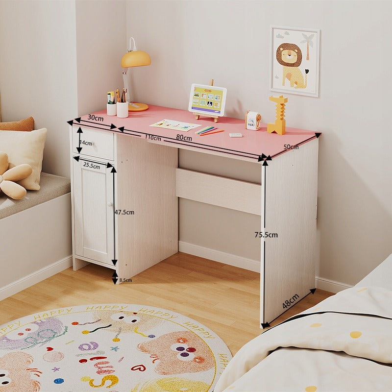 Fehér íróasztal fiókokkal és szekrénnyel lányoknak, rózsaszín asztallappal, tágas