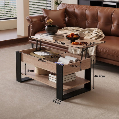 Kihúzható, loft stílusú dohányzóasztal emelt tárolóval, barna, 92 cm