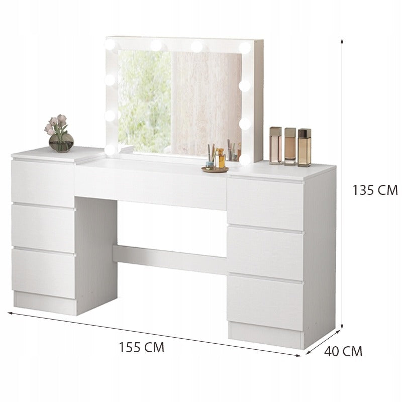 Fehér öltözőasztal tükörrel és fiókokkal, csillogó sminkhez, modern loft stílusban.