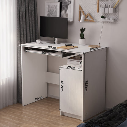 Modern számítógépes íróasztal billentyűzet-tartóval, fehér, loft stílusú szekrénnyel