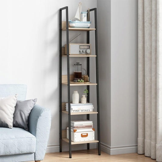 Ipari magas álló könyvespolc, világosbarna, 5 polccal, létra stílusú