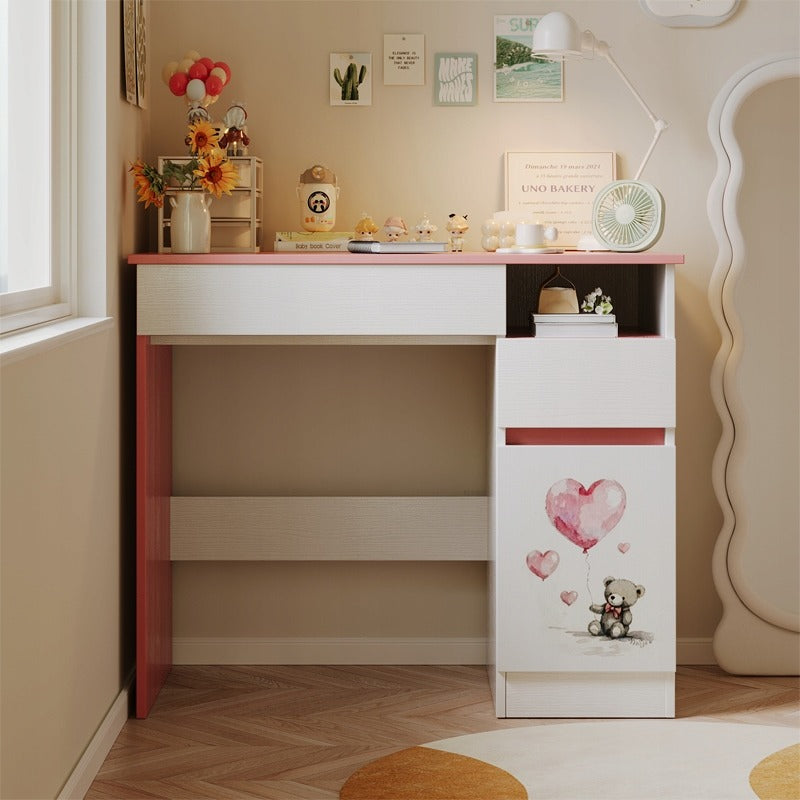 Rózsaszín Plüssmackós Gyerekasztal Lányoknak, Modern Loft Stílus, Polc és Fiók