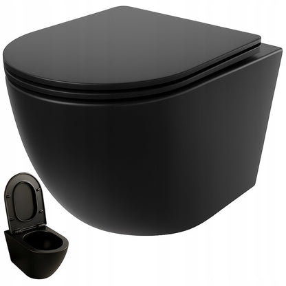 Fekete, keret nélküli WC-csésze lassú záródású ülőkével, duroplast vortex öblítéssel