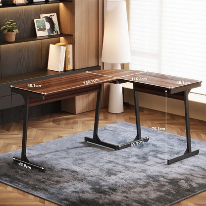 Modern ipari sarok számítógépasztal, sötétbarna, loft stílusú, 148 cm
