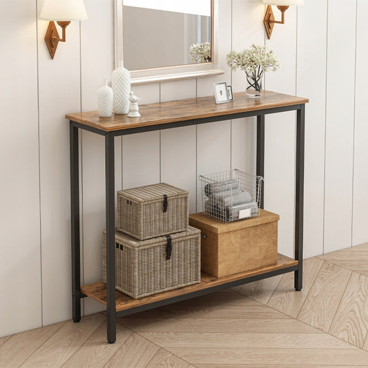 Konzolasztal, polcos állvány, loft ipari stílusban, rusztikus barna, szekrény, 100 cm