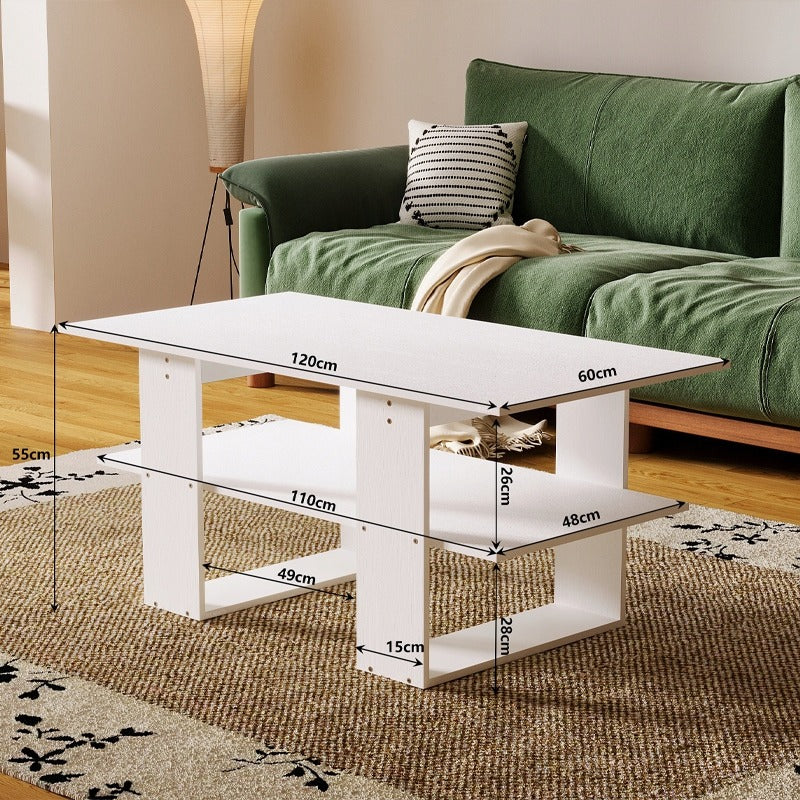 Modern fehér dohányzóasztal polccal nappaliba, galériába, nagy, 120 cm
