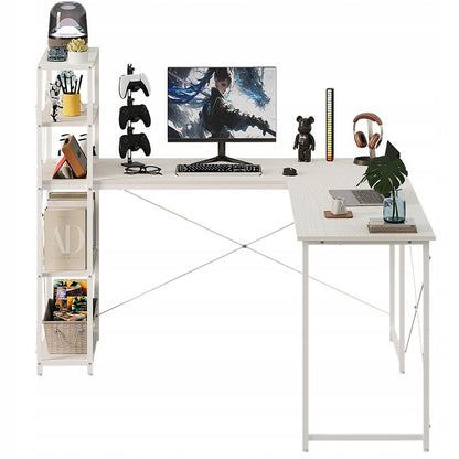 Sarok számítógépes íróasztal polcokkal és könyvespolccal, fehér, ipari loft stílusú, 144 cm