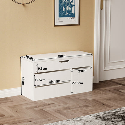 Cipőszekrény ülőkével, fa, tárolórekesz, polcok, nyitható, fehér, 80 cm