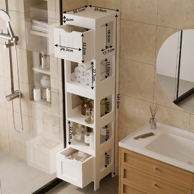 Fehér Fürdőszobaszekrény Fiókokkal és Magas Polccal, Modern Loft Stílus, 142 cm