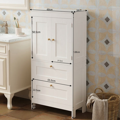 Fürdőszobai polc 2 fiókkal és ajtóval, fehér, loft stílusú, 120 cm