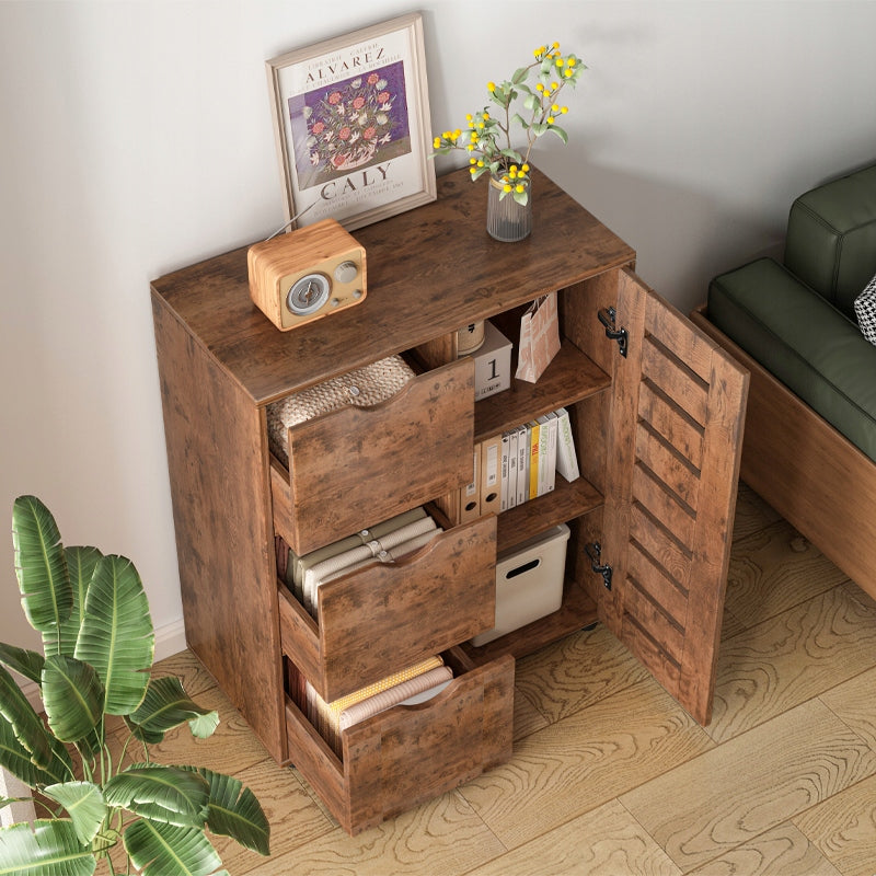 Rusztikus komód 4 fiókkal és lamellás ajtós tárolórésszel – 80x30x60 cm