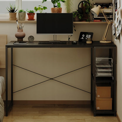 Számítógépes íróasztal, loft asztal, fekete, modern, polcokkal, ipari stílusú, 120