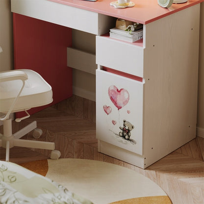 Rózsaszín Plüssmackós Gyerekasztal Lányoknak, Modern Loft Stílus, Polc és Fiók
