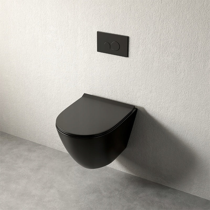 Fekete, keret nélküli WC-csésze lassú záródású ülőkével, duroplast vortex öblítéssel