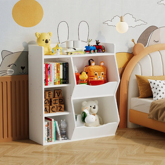 Polc, szekrény, könyvespolc, játékszekrény, könyvek és újságok, 5 rekesz, loft stílusú