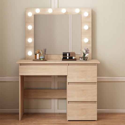 Barna LED-es kozmetikai fésülködőasztal tükörrel és 4 fiókkal, tágas a hálószobába