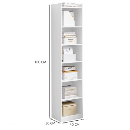 Fehér könyvespolc 7 polccal – 180x40x30 cm – függőleges könyves állvány, minimalista stílusban