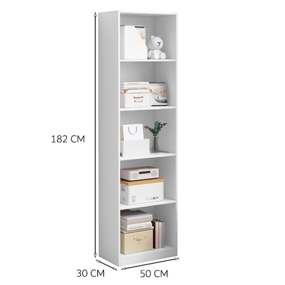 Fehér könyvespolc polcokkal – 50x182x30 cm | Modern tároló könyveknek, dekorációknak és iratrendezőknek