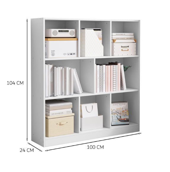 Nyitott fehér könyvespolc 6 polccal – 100x24x104 cm, skandináv modern stílusban