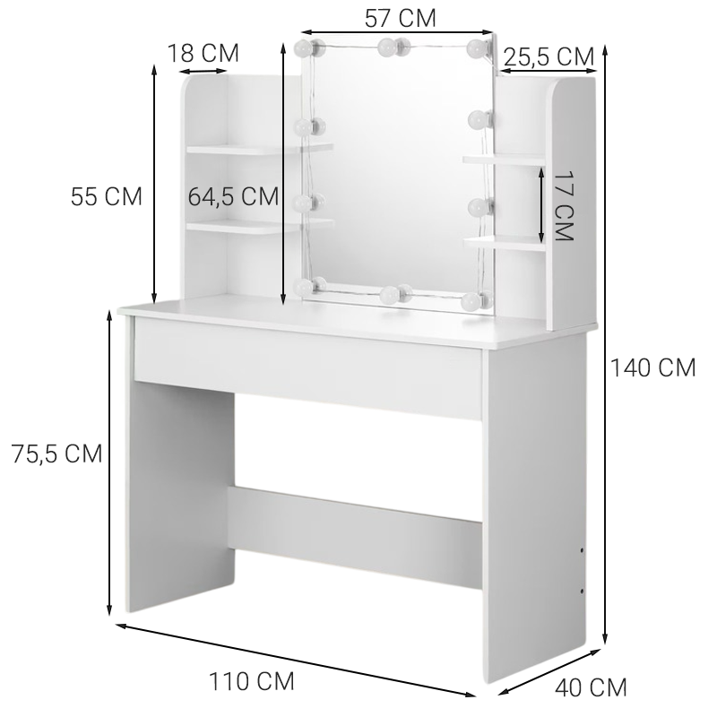 Kozmetikai fésülködőasztal LED tükörrel, 110 cm – modern fésülködőasztal sminkeléshez és frizurázáshoz, loft stílusban