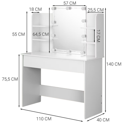 Kozmetikai fésülködőasztal LED tükörrel, 110 cm – modern fésülködőasztal sminkeléshez és frizurázáshoz, loft stílusban